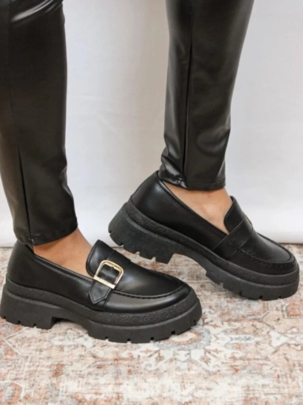 Qupid Black Chunky Faux Leather Platform Loafers with Gold Buckle